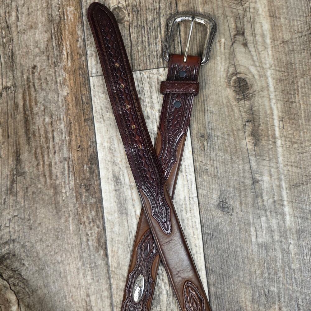 Vintage 90s Justin Tooled Leather Western Belt Brown Size 40 Cowboy Redeo